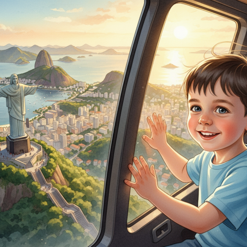Ilustración infantil personalizada de un niño volando en un helicóptero sobre el Cristo Redentor en Río de Janeiro, con paisaje brasileño, montañas, océano y estilo acuarela. Imagen ideal para cuento infantil de viajes personalizados.
