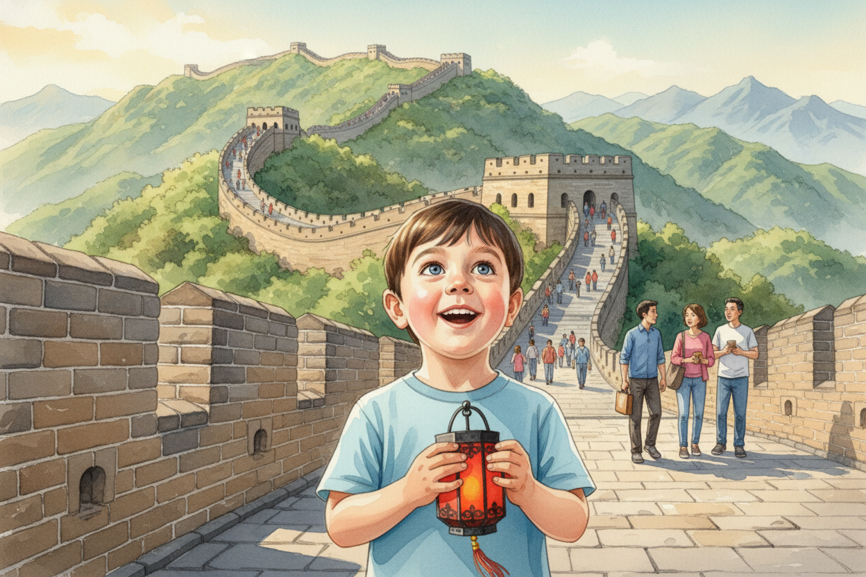 Ilustración infantil personalizada de un niño en la Gran Muralla China con turistas de fondo y un elemento cultural chino en la mano. Imagen en acuarela ideal para libros personalizados de viajes por China.