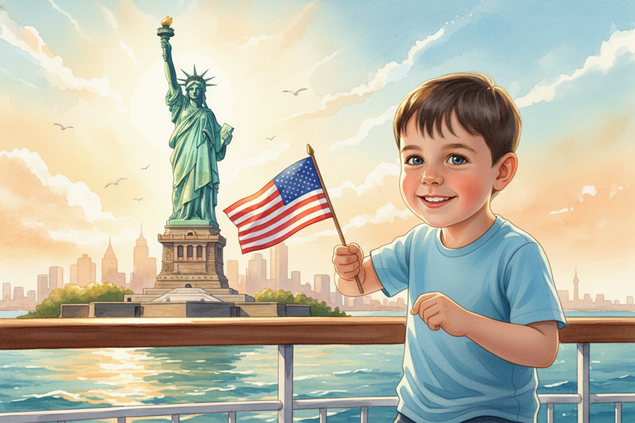 Ilustración infantil personalizada de un niño navegando en un barco hacia una Estatua de la Libertad monumental, sosteniendo un elemento de Estados Unidos. Estilo acuarela vibrante ideal para cuentos personalizados de viajes.