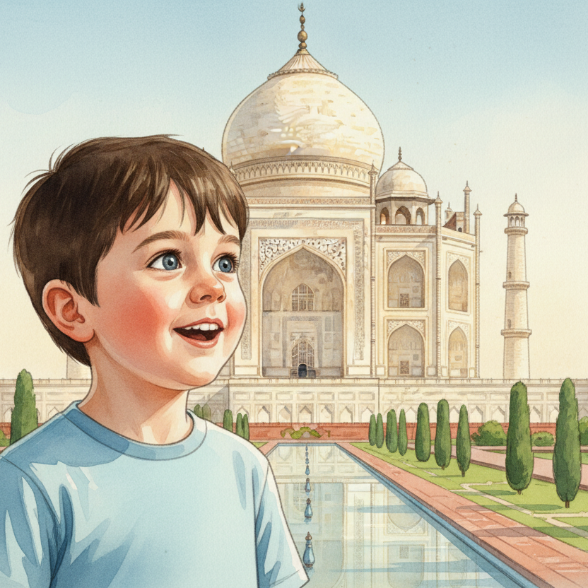 Ilustración infantil personalizada de un niño sorprendido frente al Taj Mahal visto de cerca, en estilo acuarela y con expresión de asombro. Imagen perfecta para cuentos personalizados de viajes por India.