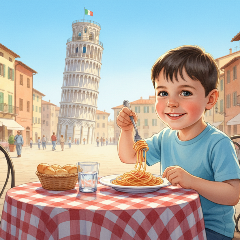 Ilustración en acuarela de un cuento infantil personalizado ambientado en Italia, con un niño protagonista cerca de la Torre de Pisa. Libro creativo y educativo para niños con escenarios italianos.