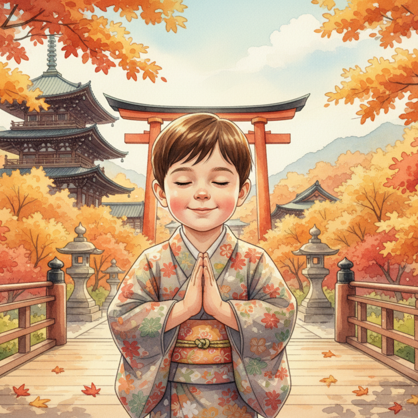 Ilustración infantil personalizada de un niño en kimono frente a un templo japonés, con árboles coloridos y estilo acuarela. Imagen ideal para libros personalizados de viajes por Japón.