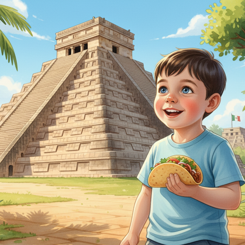 Ilustración infantil personalizada de un niño frente a Chichén Itzá visto desde abajo, en pose de asombro, sosteniendo un taco, con estilo acuarela y ambiente cultural mexicano. Ideal para cuentos infantiles de viajes personalizados.