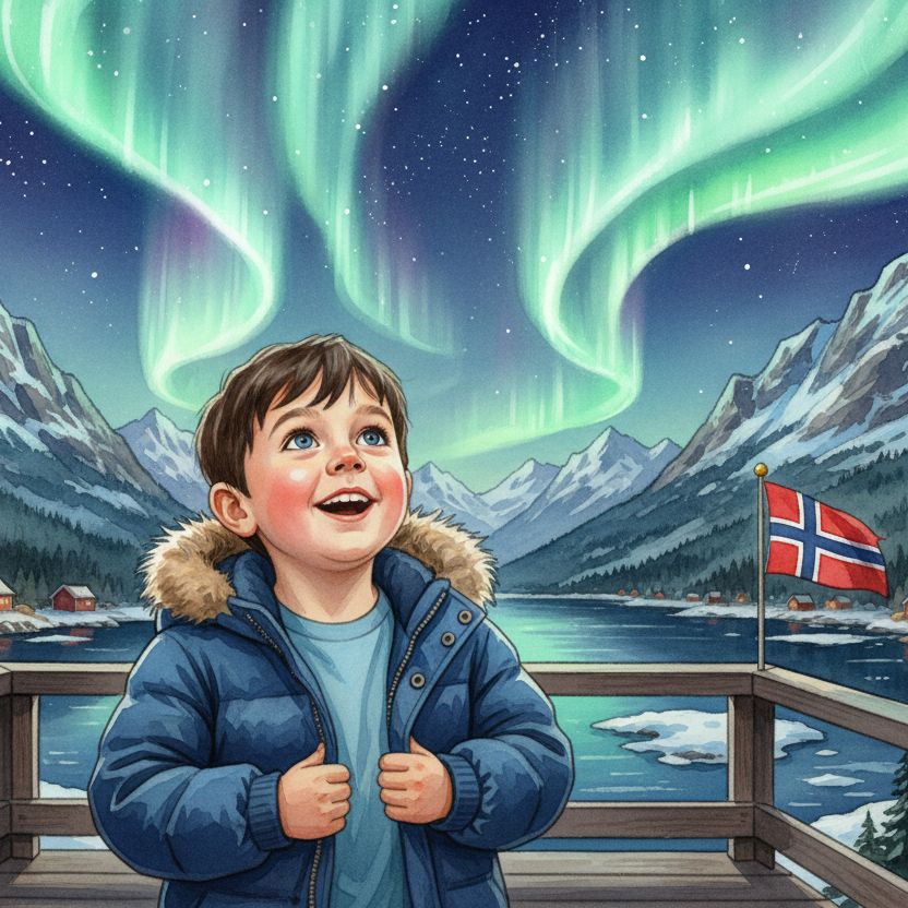 Ilustración en acuarela de un cuento infantil personalizado ambientado en Noruega, con un niño protagonista bajo auroras boreales, montañas y bandera noruega. Libro único y educativo para niños.