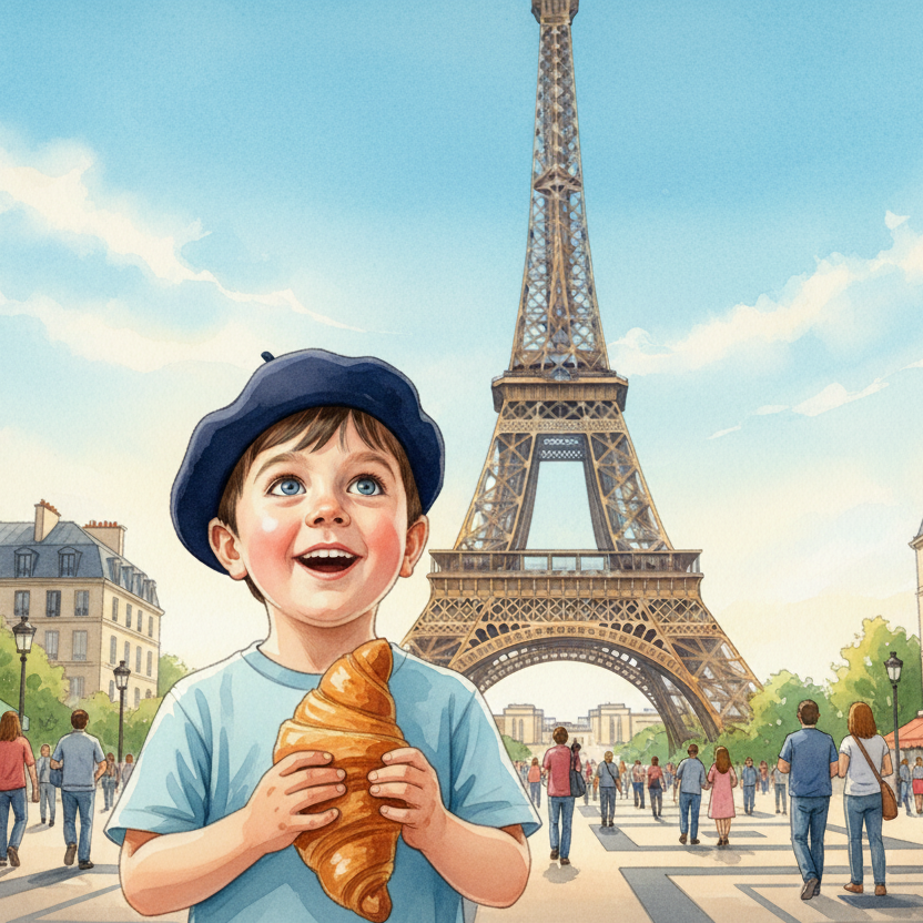 Portada ilustrada en acuarela de un cuento infantil personalizado ambientado en Francia, con un niño protagonista frente a la Torre Eiffel y arquitectura parisina. Libro educativo ideal como regalo.