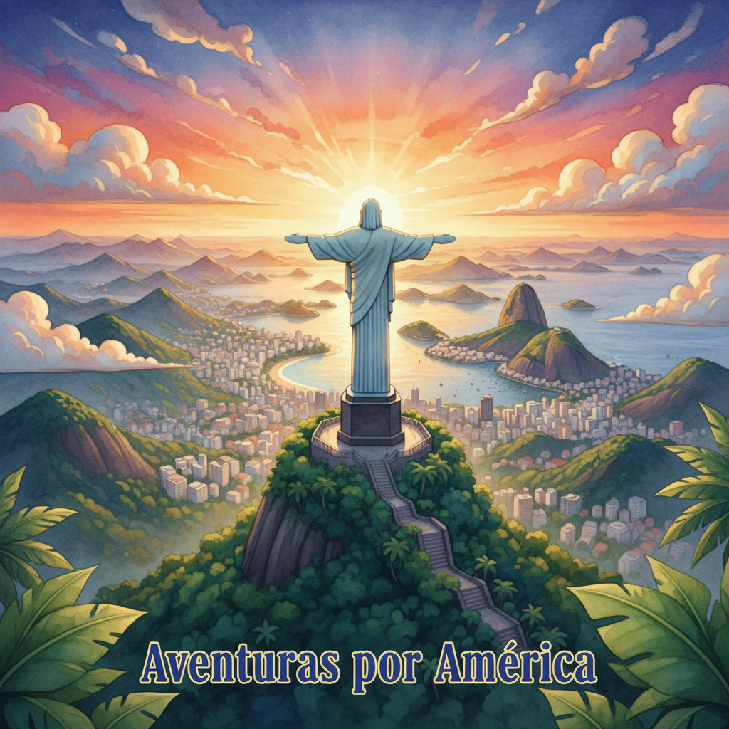 Portada de libro infantil personalizado sobre aventuras por América, con ilustración en acuarela de un niño explorando paisajes icónicos del continente americano. Ideal como regalo educativo y creativo para niños.