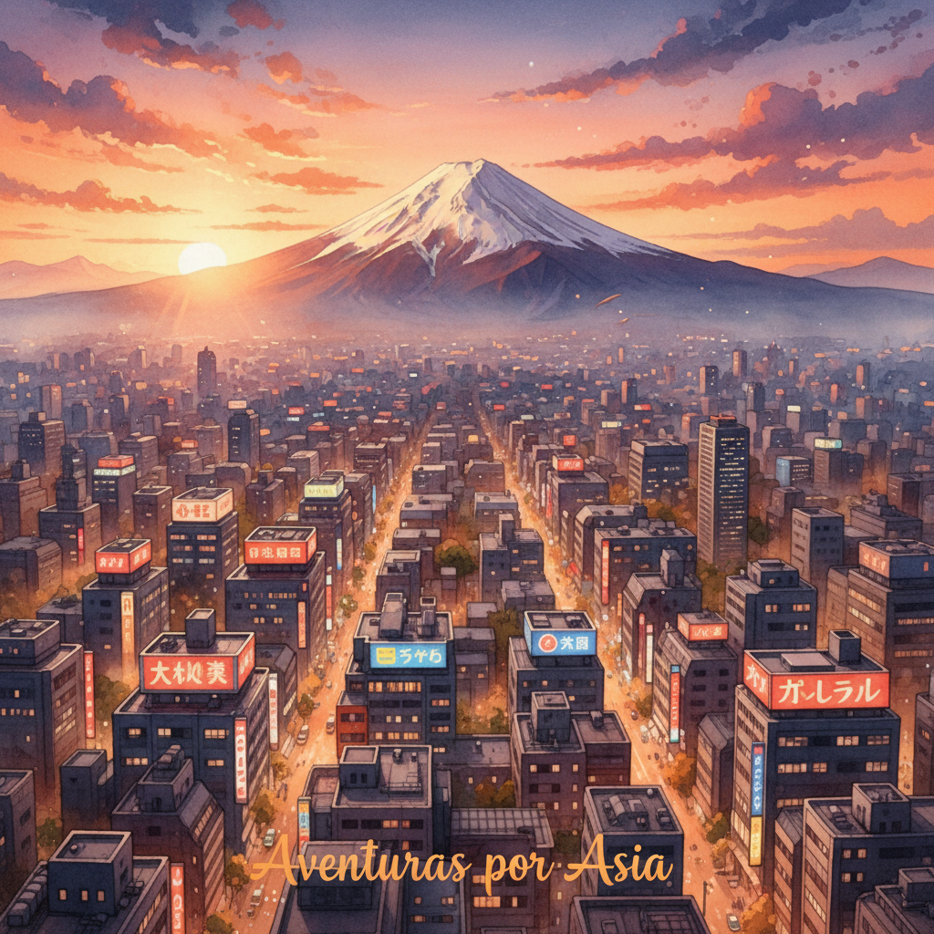 Ilustración en acuarela de un libro infantil personalizado ambientado en Asia, con un niño protagonista descubriendo monumentos asiáticos famosos y cultura local. Ideal como regalo creativo para niños.