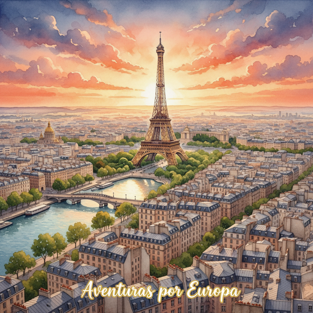 Portada de libro infantil personalizado sobre aventuras por Europa, con ilustración en acuarela de un niño viajando por ciudades europeas famosas. Libro ideal como regalo educativo y creativo para niños.