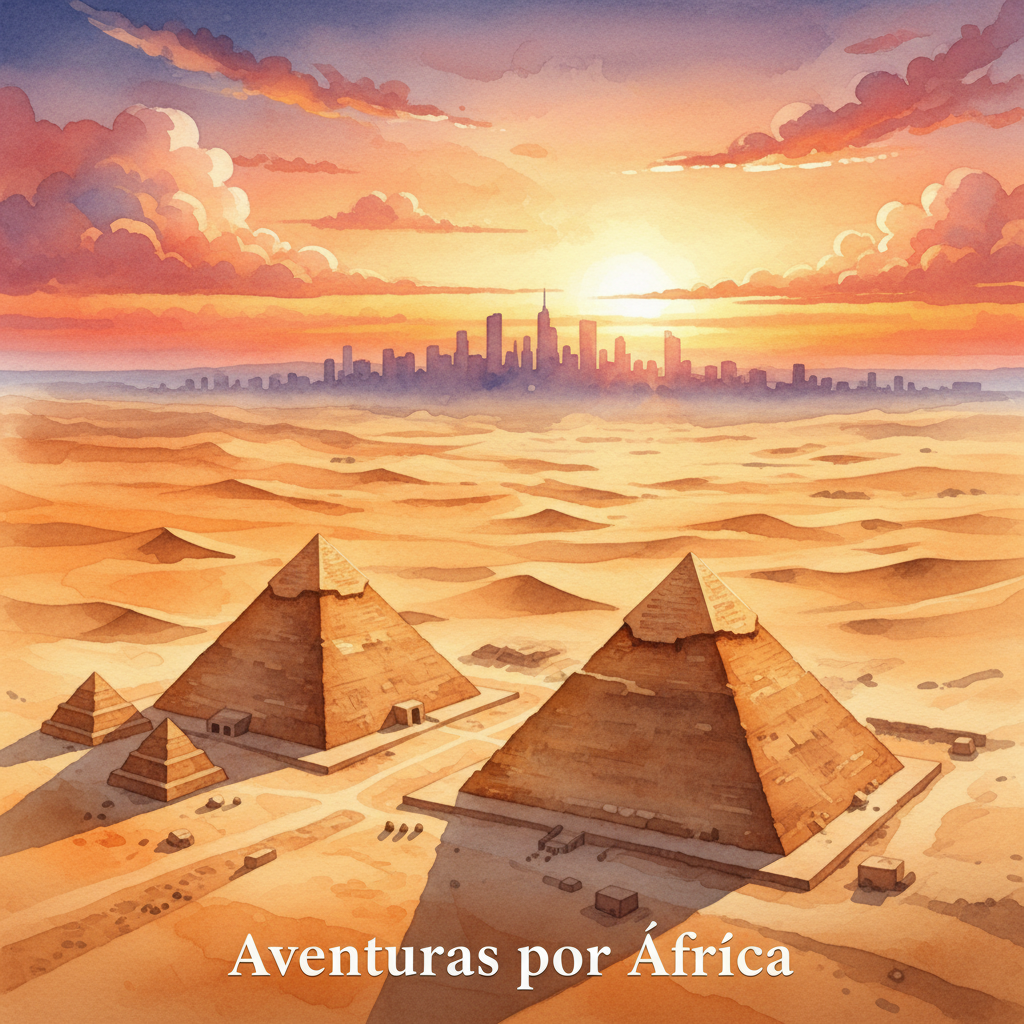 Portada ilustrada en acuarela de un libro infantil personalizado ambientado en África, con un niño protagonista explorando paisajes africanos, animales y cultura local. Libro educativo y creativo para niños.