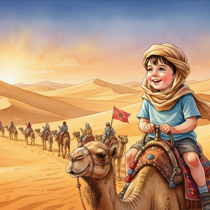 Ilustración infantil personalizada de un niño montado sobre un camello en el desierto del Sahara, con dunas monumentales y una caravana de camellos detrás, en estilo acuarela. Imagen perfecta para cuentos personalizados de viajes por Marruecos.