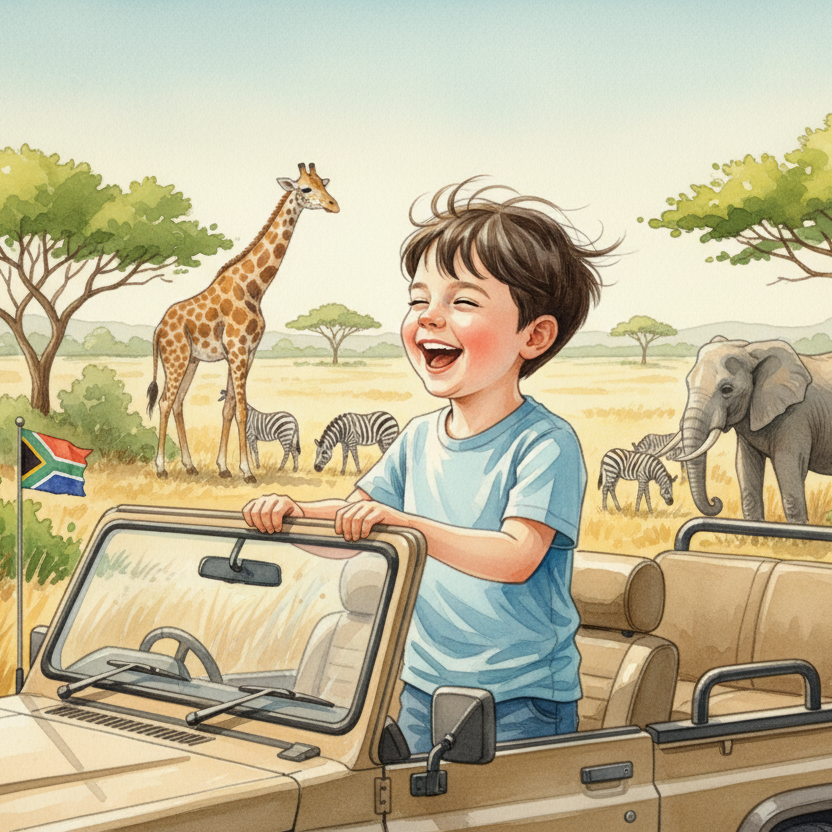 Ilustración infantil personalizada de un niño en un safari en Sudáfrica sobre un jeep 4x4, rodeado de animales salvajes como elefantes, jirafas y cebras, en estilo acuarela. Ideal para cuentos personalizados de aventuras en África.
